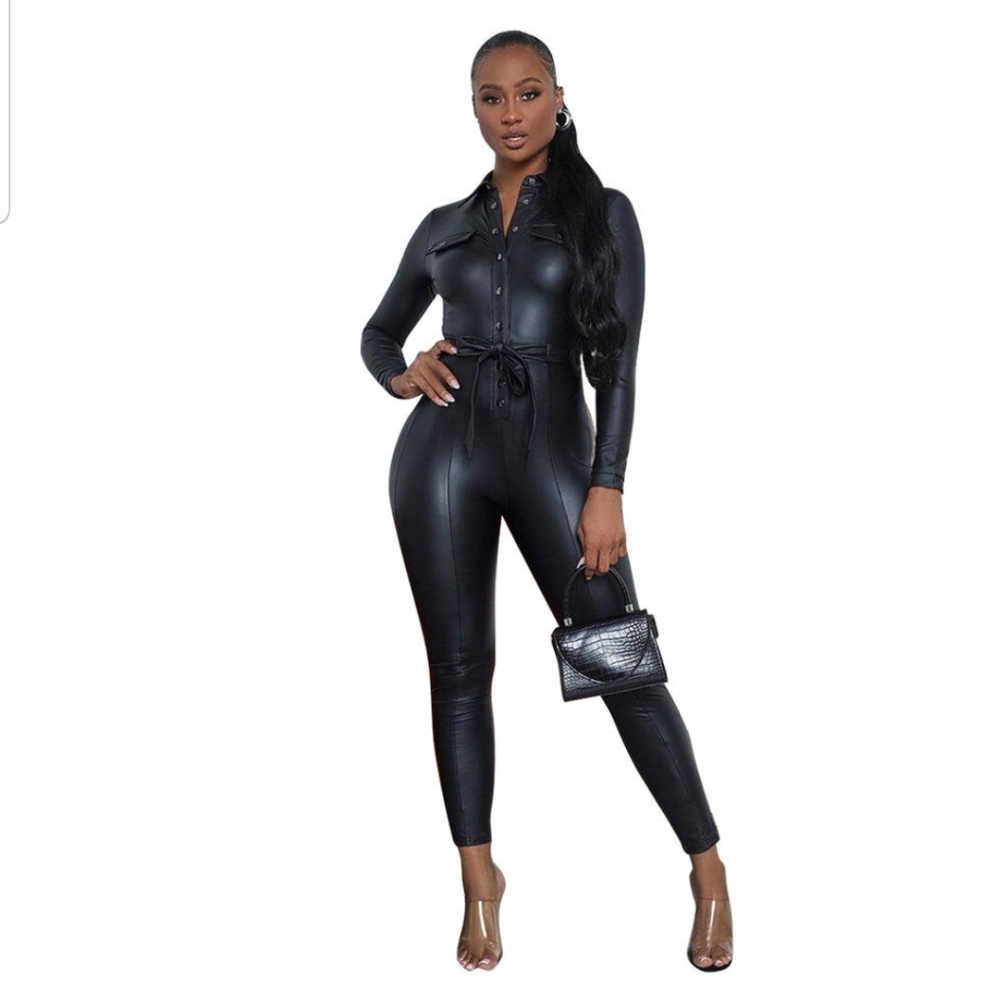 Fabulous Leather like Black Jumpsuit